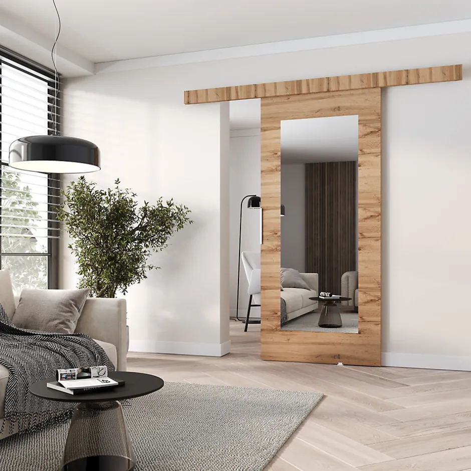 MINIO go for it , porte coulissante CLEAN I 86 cm portes de chambre, avec miroir, Chêne Wotan
