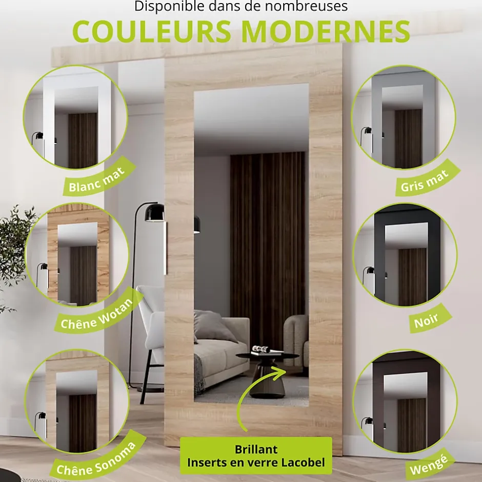 MINIO go for it , porte coulissante CLEAN I 76 cm portes de chambre, avec miroir, Noir