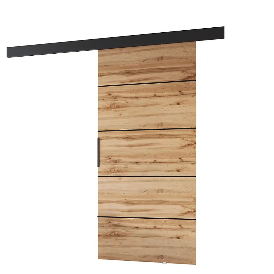 , porte coulissante PRIM1K106cm, Baguette décorative, panneau supérieur, poignée de porte en noir, Chêne Wotan/Noir-MINIO go for it