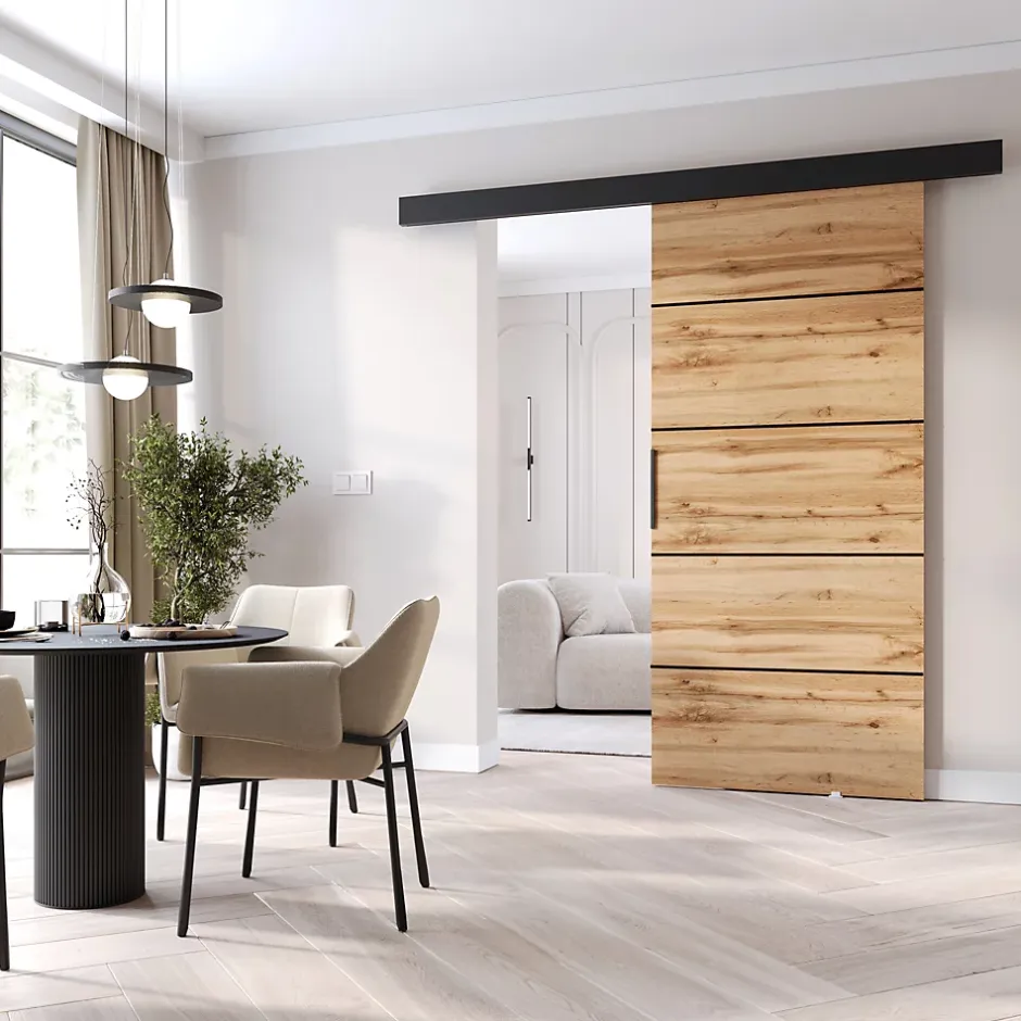 , porte coulissante PRIM1K106cm, Baguette décorative, panneau supérieur, poignée de porte en noir, Chêne Wotan/Noir-MINIO go for it