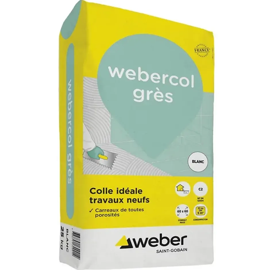 Weber Mortier - colle à adhérence (C2) - COLLE GRES - Sac de 25 Kg - BLANC