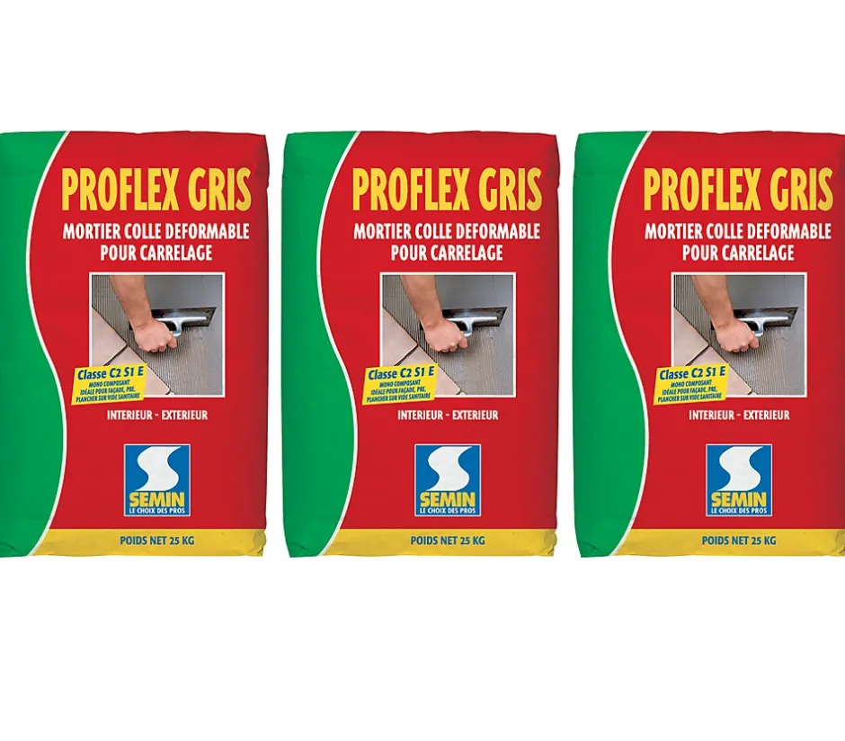 Semin Mortier Colle Déformable pour Carrelage Proflex Gris , Intérieur/Extérieur, sac de 25 kg (lot de 3)