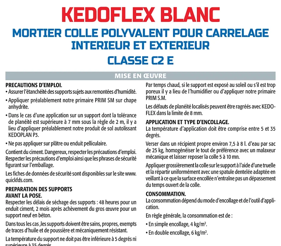 Mortier Colle Polyvalent pour Carrelage Kedoflex Blanc , Intérieur/Extérieur, sac de 25 kg-Semin Online