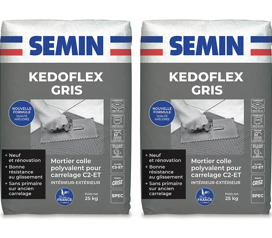 Semin Mortier Colle Polyvalent pour Carrelage Kedoflex Gris , Intérieur/Extérieur, sac de 25 kg, lot de 2