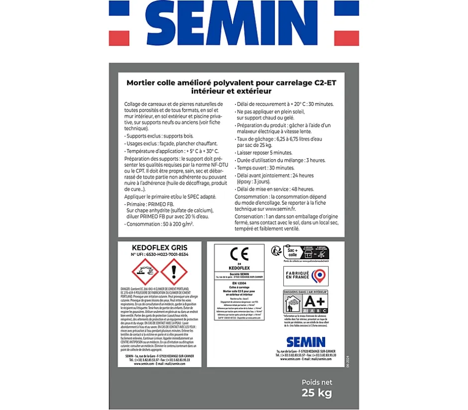 Semin Mortier Colle Polyvalent pour Carrelage Kedoflex Gris , Intérieur/Extérieur, sac de 25 kg, lot de 2