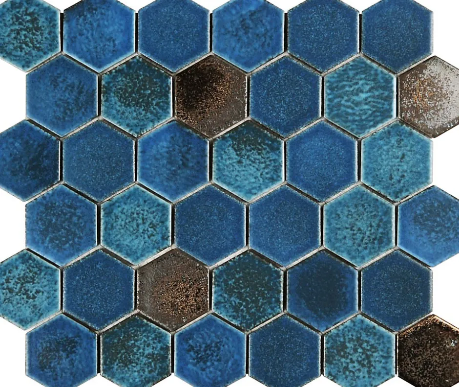 Mosaique de ceramique Hexagone Mix Bleu Bronze - vendu par plaque de 29,4X25,5 cm --Carrelage Signature Best
