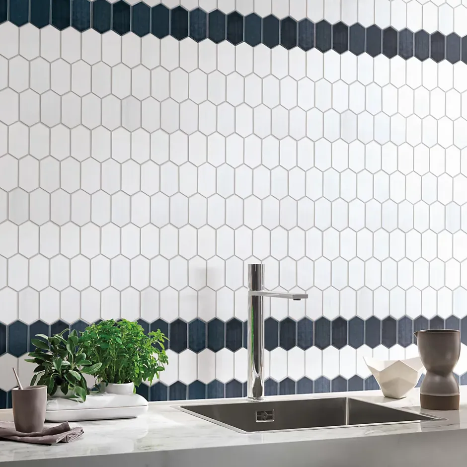 Carrelage Signature Mosaique de céramique Hexagone Long Blanc - vendu par plaque de 29,6X25,6 Cm -