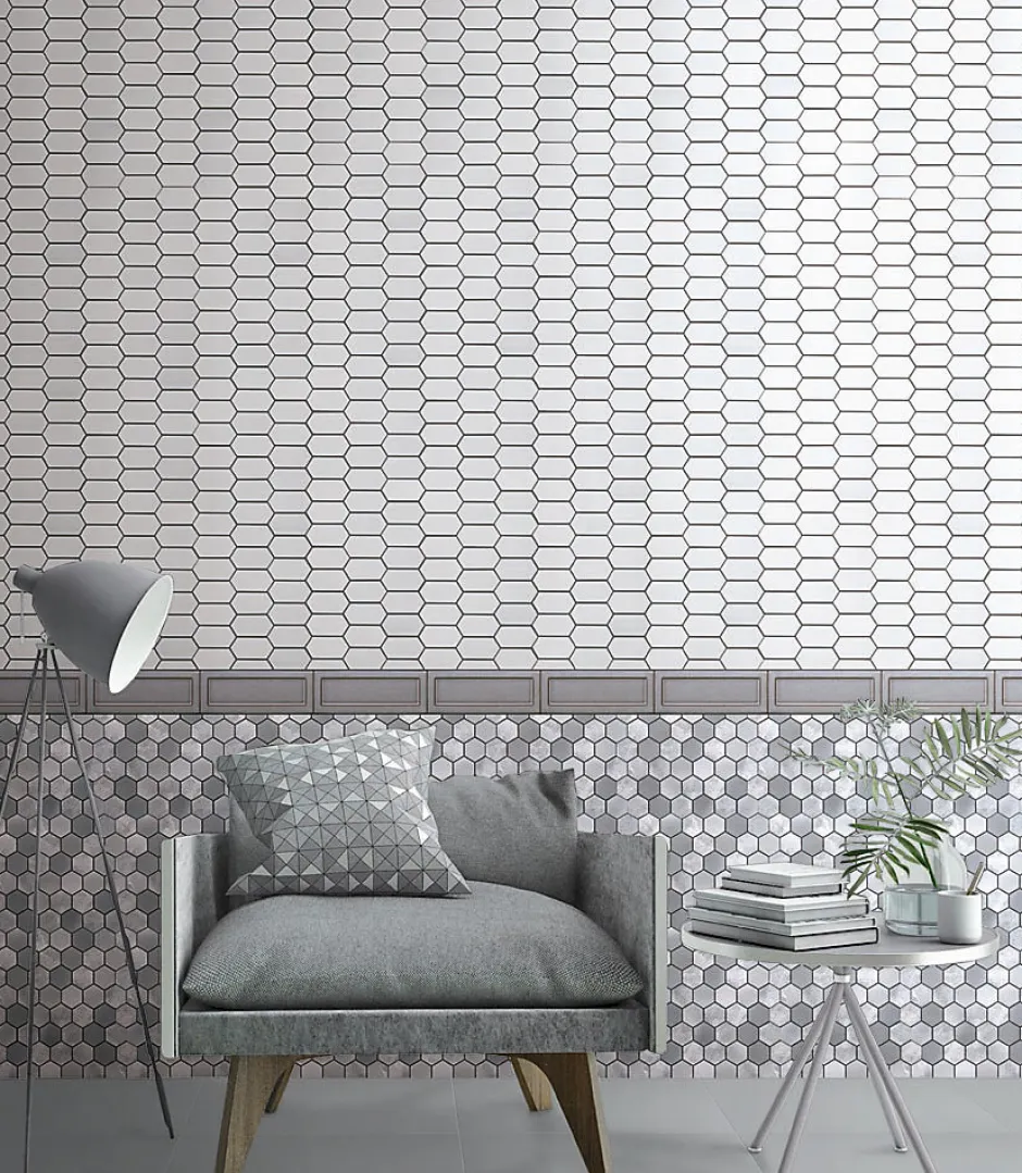 Carrelage Signature Mosaique de céramique Hexagone Long Blanc - vendu par plaque de 29,6X25,6 Cm -