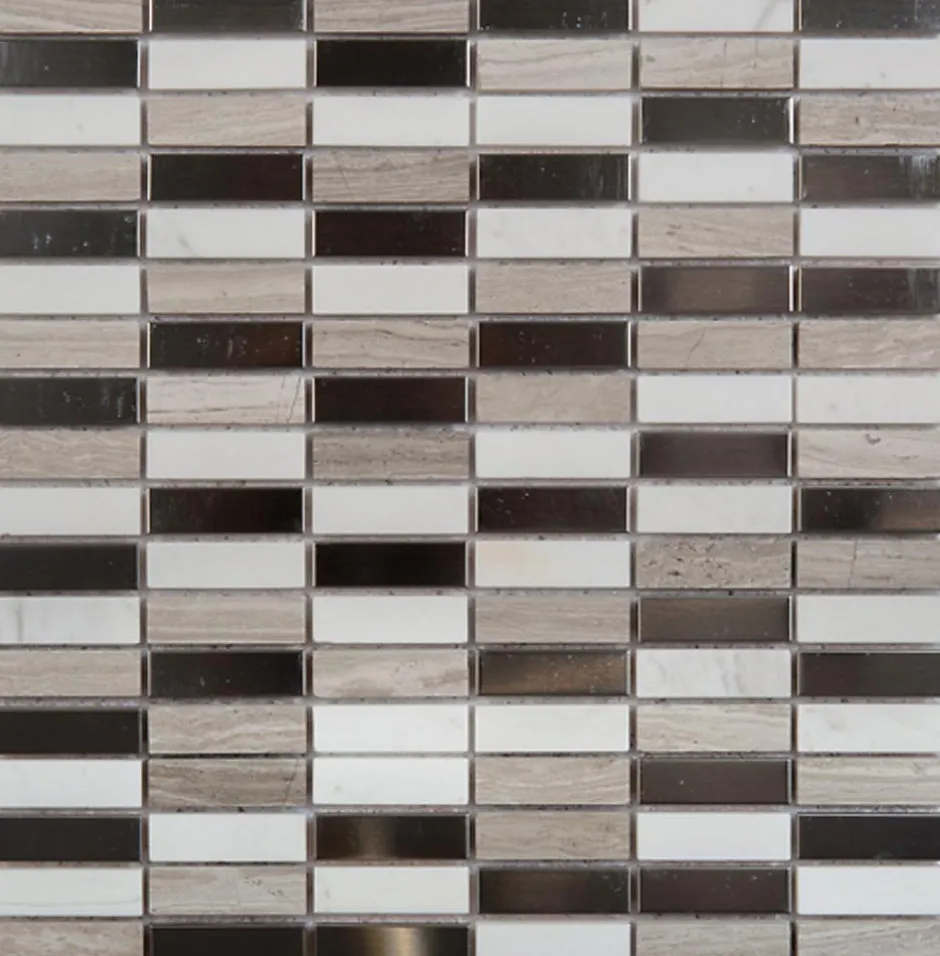 Mosaique de marbre Barrettes Blanc et Beige + Inox Argent - vendu par plaque de 30X30 cm --Carrelage Signature Sale