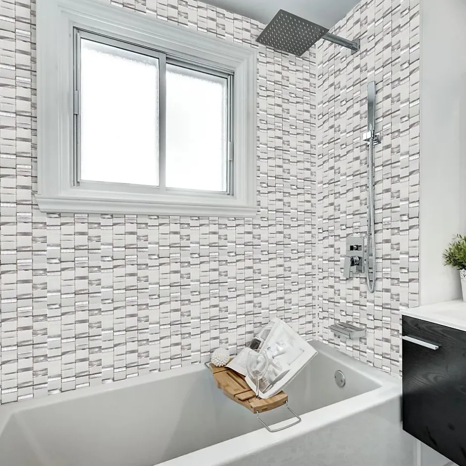 Carrelage Signature Mosaique de Mix Verre Blanc et Metal - vendu par plaque de 29,4X29,8 cm -