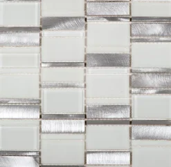Carrelage Signature Mosaique de Mix Verre Blanc et Metal - vendu par plaque de 29,4X29,8 cm -