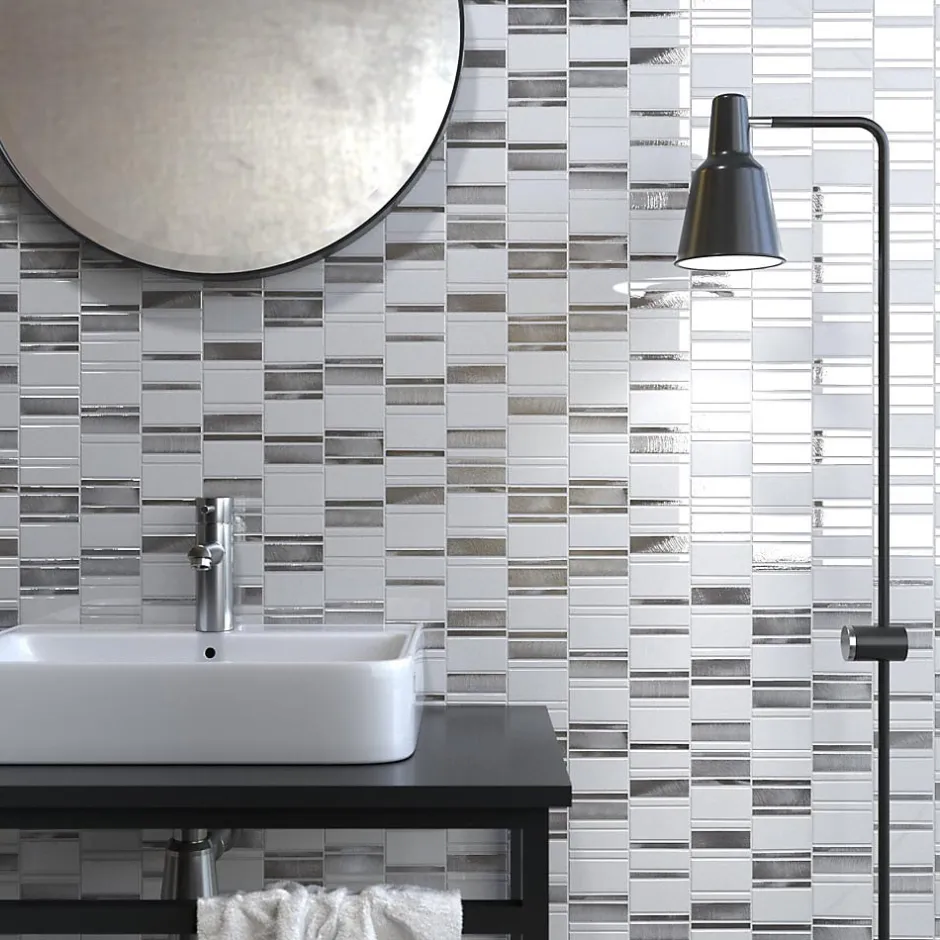 Carrelage Signature Mosaique de Mix Verre Blanc et Metal - vendu par plaque de 29,4X29,8 cm -