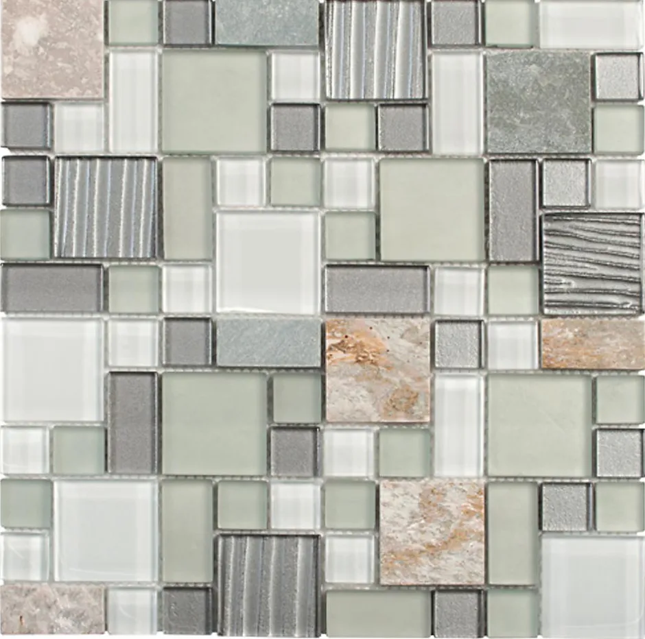 Mosaique de Quartzite Multiformat et Verre Gris - vendu par plaque de 30X30 Cm --Carrelage Signature Sale