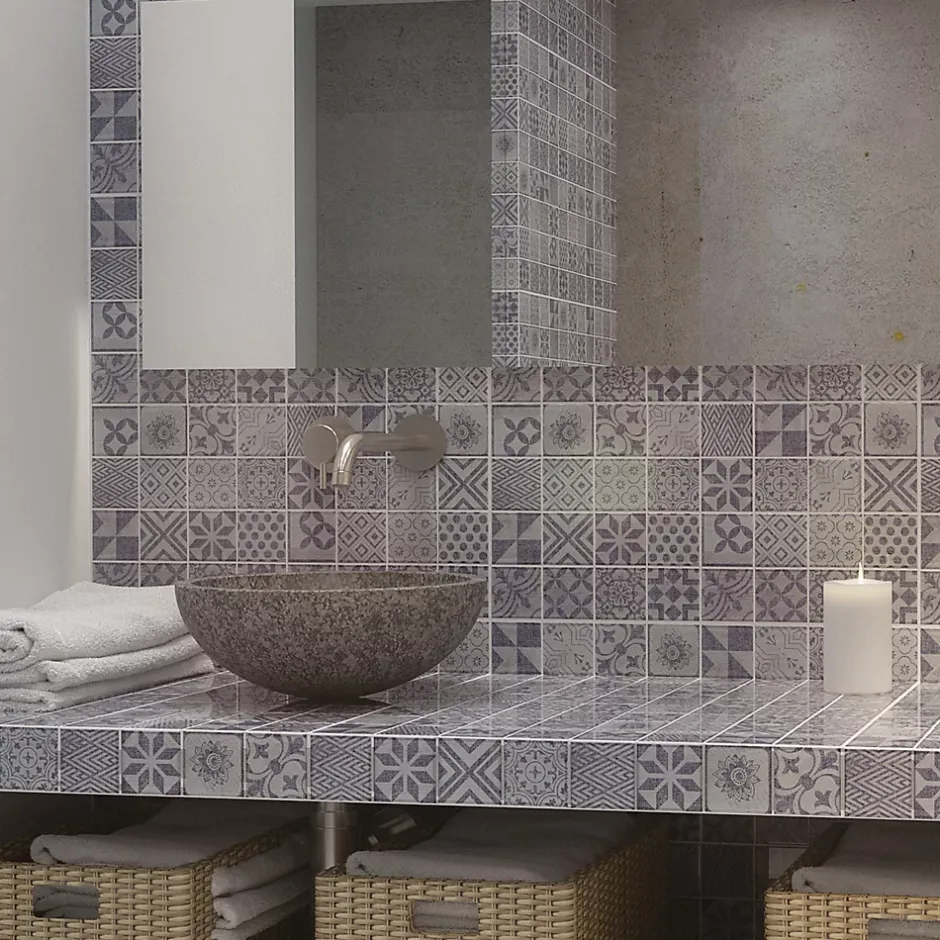 Carrelage Signature Mosaique de Verre Motif Carreau Ciment Bleu/Gris 5X5 cm - vendu par plaque de 29.8X29.8 cm -