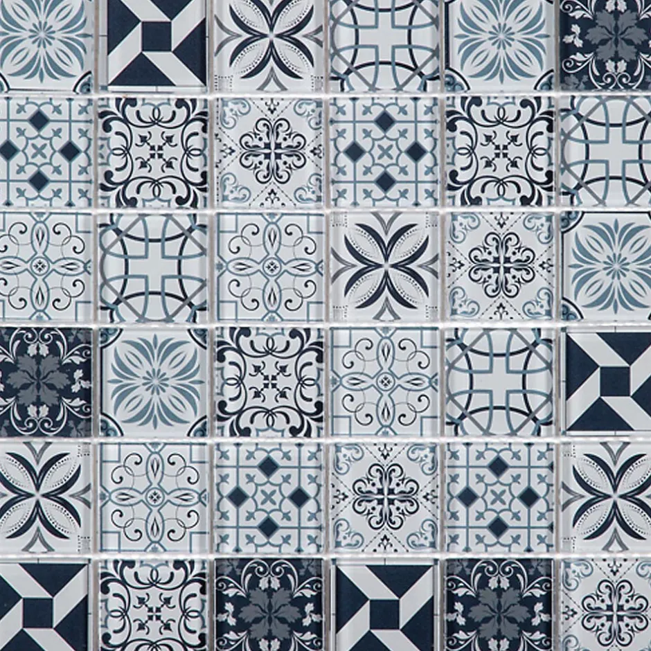 Carrelage Signature Mosaique de Verre Motif Carreau Ciment Bleu/Gris 5X5 cm - vendu par plaque de 29.8X29.8 cm -