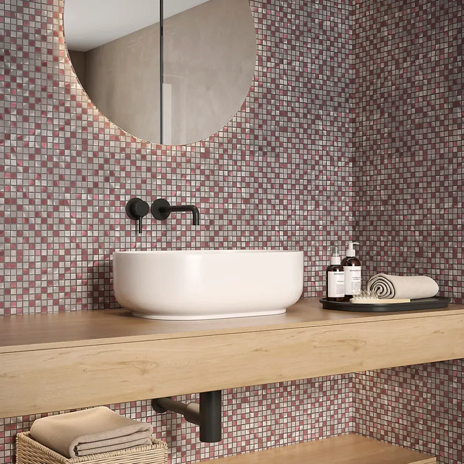 Carrelage Signature Mosaïque d'aluminium Brosse Mix Gris/Rouge - 1.5X1.5 cm - vendu par plaque de 30 X 30 cm -