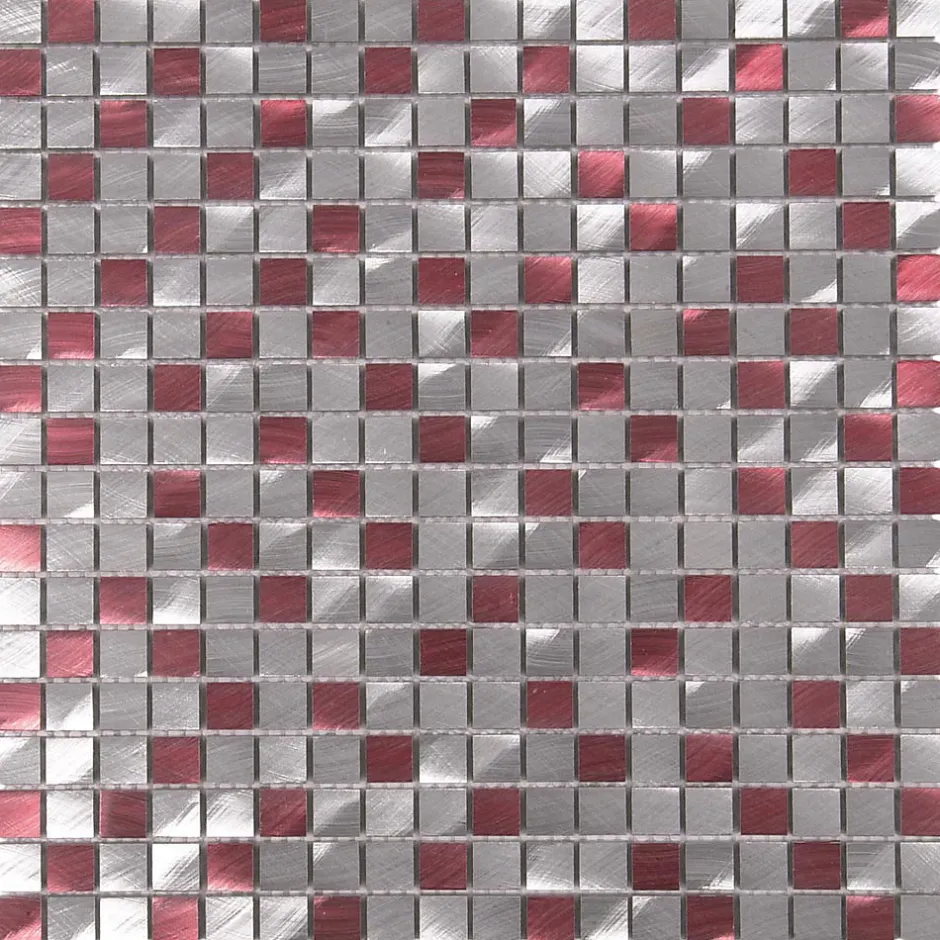 Carrelage Signature Mosaïque d'aluminium Brosse Mix Gris/Rouge - 1.5X1.5 cm - vendu par plaque de 30 X 30 cm -