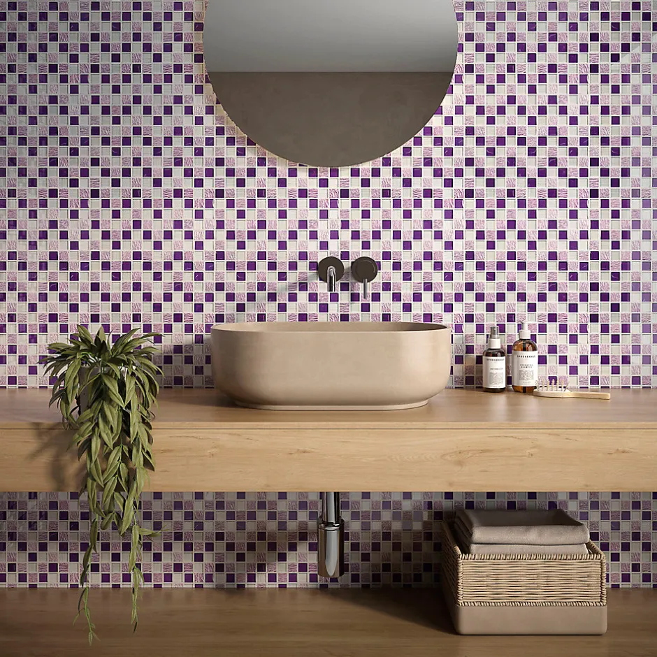 Mosaïque de verre 2.3X2.3 cm Blanc et Violet + Pierre Rose - vendu par plaque de 30X30 cm-Carrelage Signature Outlet