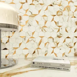 Ro'Ma Carrelage Mosaïque effet Marbre Blanc Calacatta Supreme Hexa 29x25,1x0,85 cm Brillant Faventa - Mur intérieur (vendu par carton de 0,4367 m²