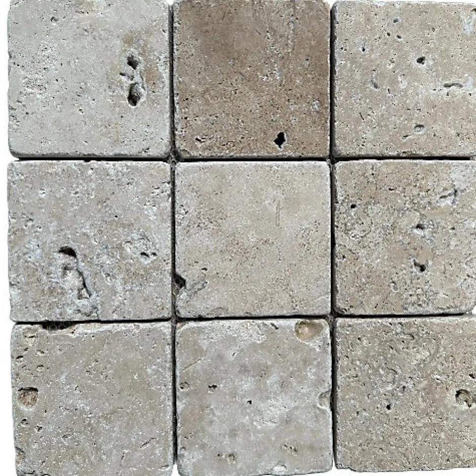 Mosaïque en Travertin Blanc ivoire vieilli - 10X10X1 CM- 2ième choix-Albedo Pierre Sale