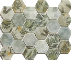 Ilcom Mosaïque en verre pressé sur filet pour salle de bain et cuisine 43.5cm x 32cm - Botanic Green Garden Matt