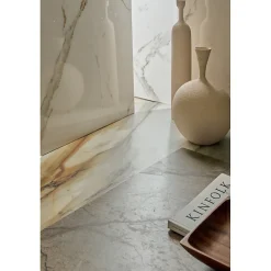 Eiffel art construction Mosaïque mur effet marbre décor orné d'inserts en or beige 41,02X30,3 cm - SCULTOREA Calacatta oro fino tessere arco oro reflex