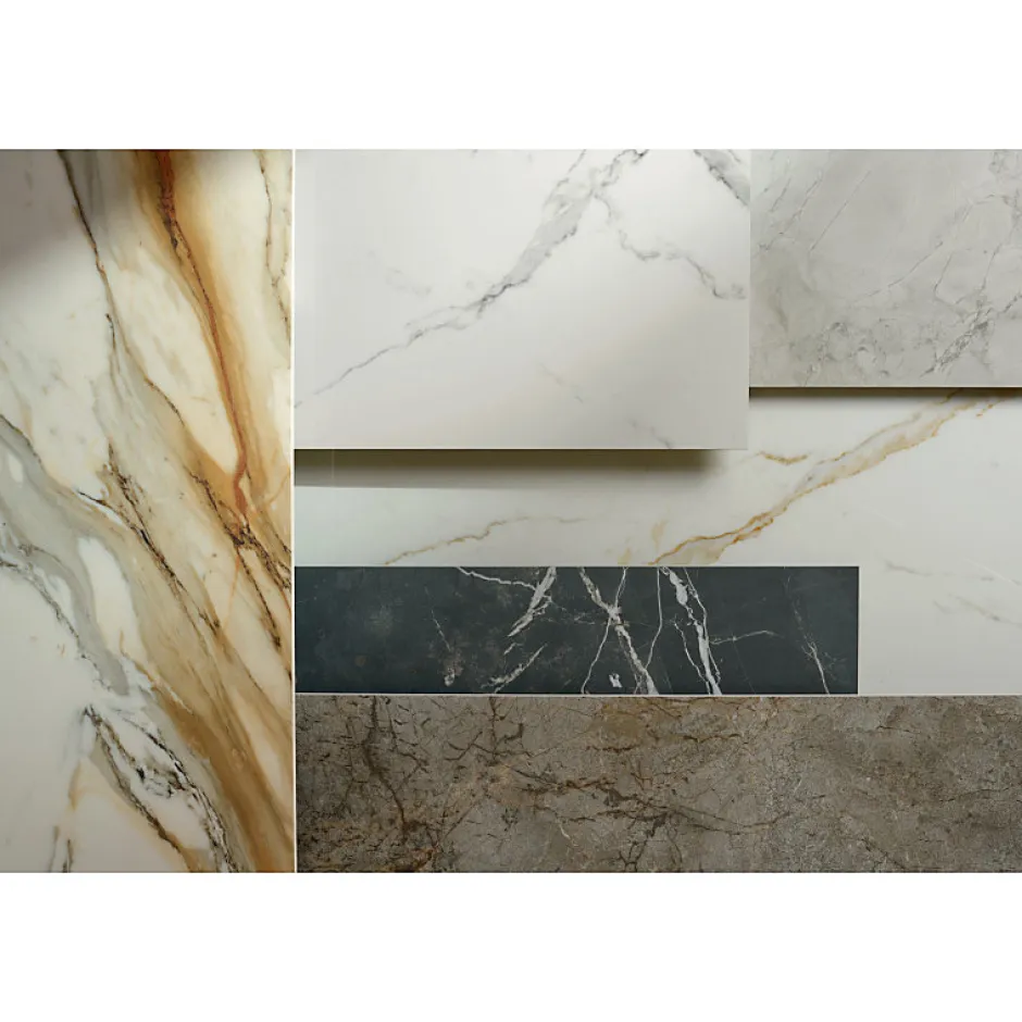 Eiffel art construction Mosaïque mur effet marbre décor orné d'inserts en or beige 41,02X30,3 cm - SCULTOREA Calacatta oro fino tessere arco oro reflex