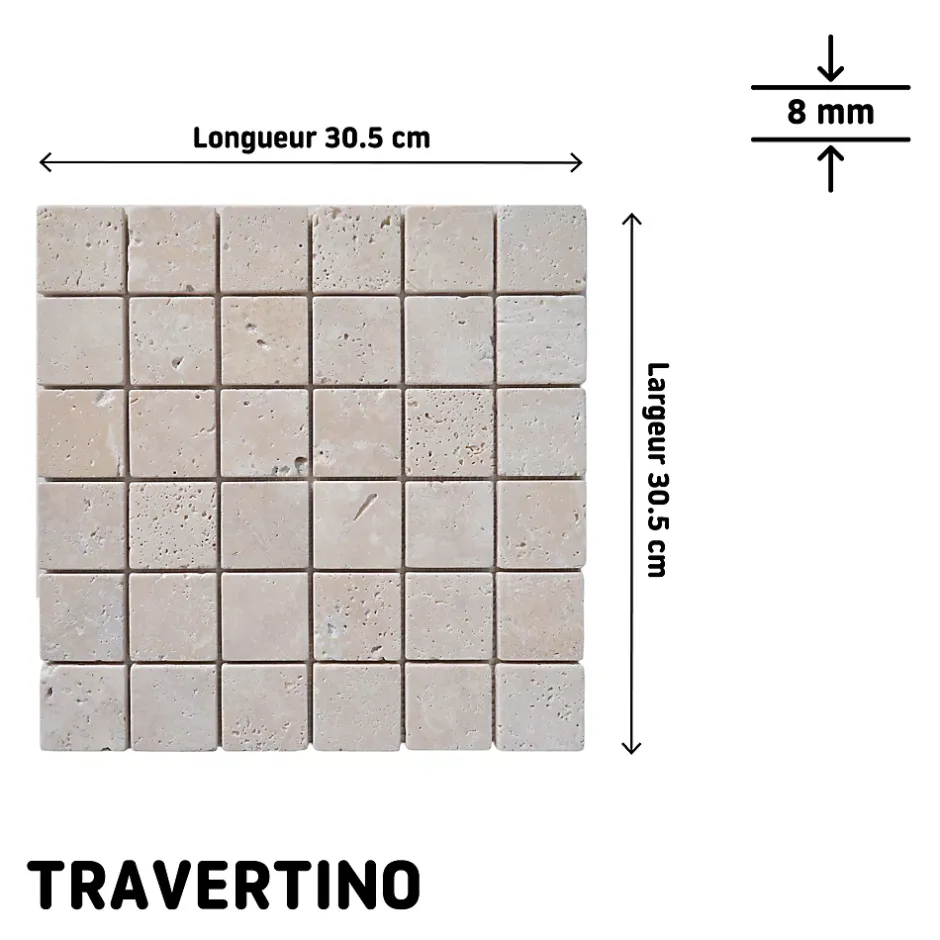Mosaïque sol et mur en travertin grands carrés L.31,5 x l.31,5 cm x ép.8 mm, Travertino- Best