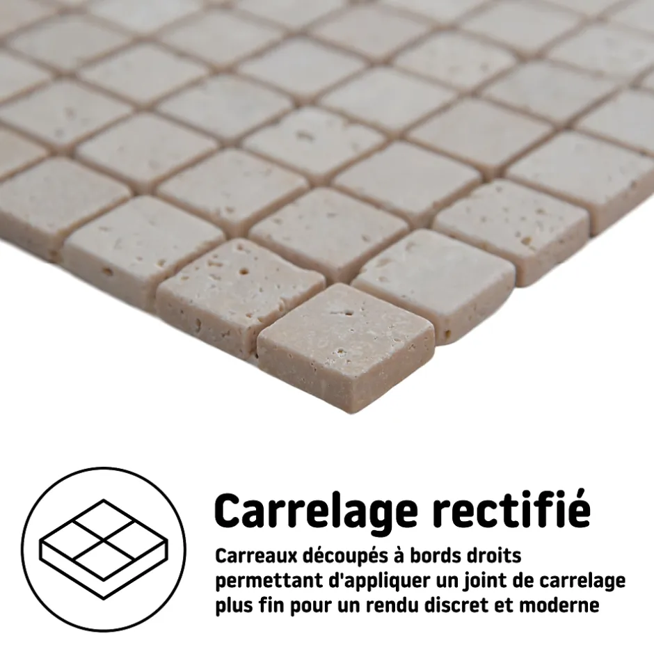 Mosaïque sol et mur en travertin petits carrés L.30,5 x l.30,5 cm x ép.8 mm, Travertino