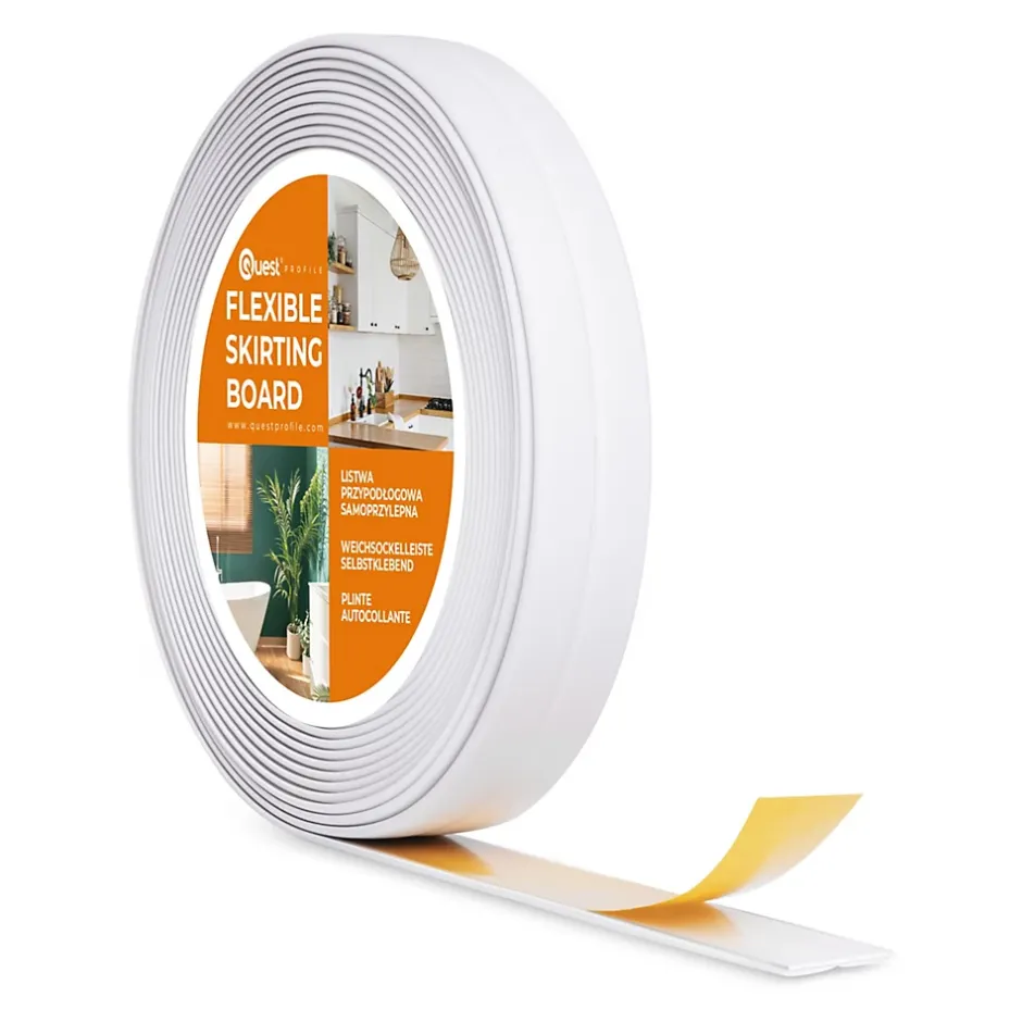 Quest Moulure Souple en PVC 10x10 mm, Auto-Adhésive avec Bande Mousse, Plinthe Souple, pour Finitions et Étanchéité des Jonctions, blanc
