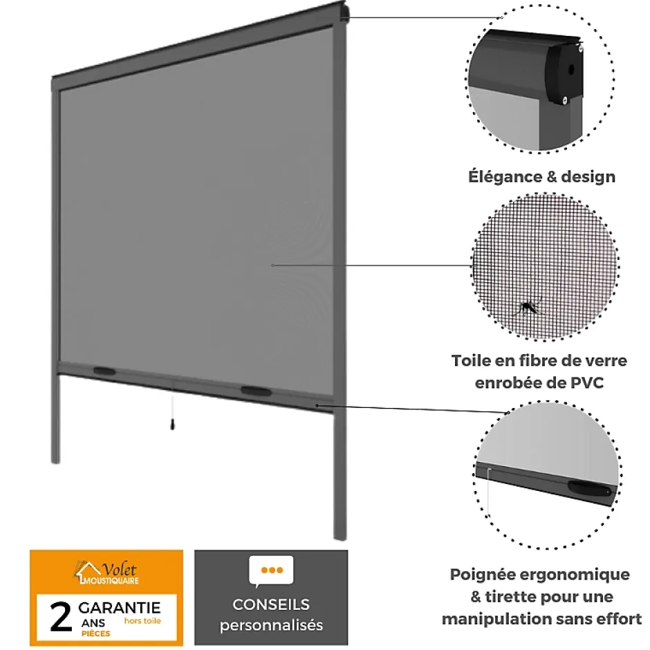 Volet-Moustiquaire Moustiquaire enroulable verticale grise H145 cm x L130 cm