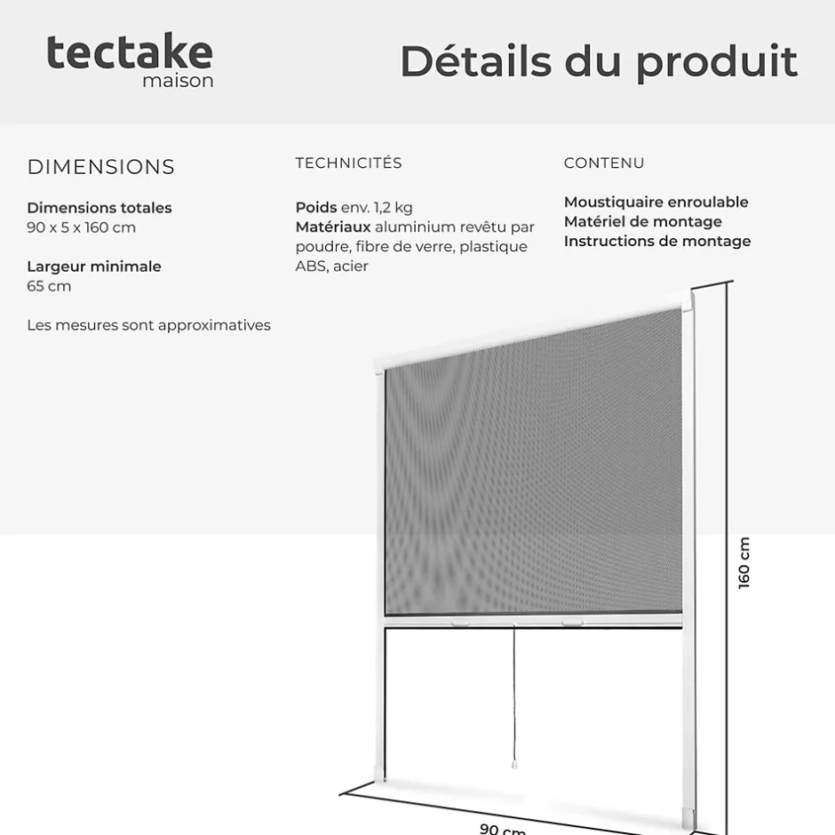 Tectake Moustiquaire store pour fenêtre en Aluminium Découpe individuelle