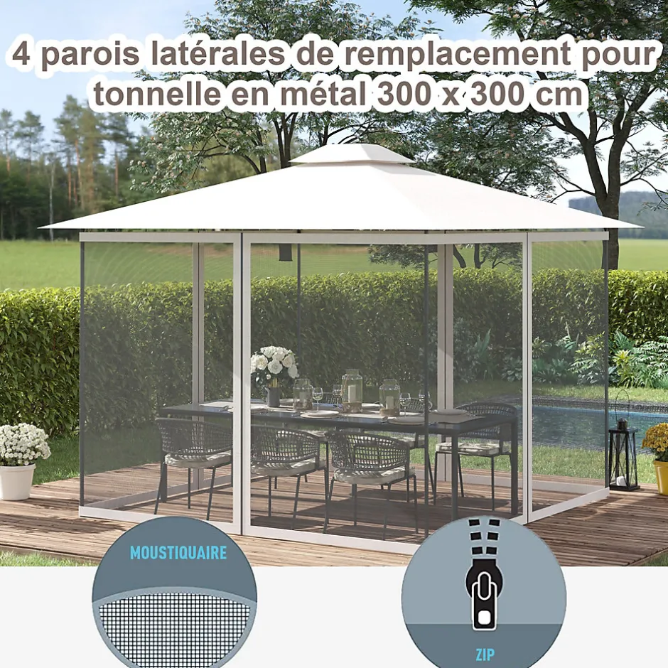 Outsunny Moustiquaires pour tonnelle barnum pavillon de jardin 3x3m nylon noir