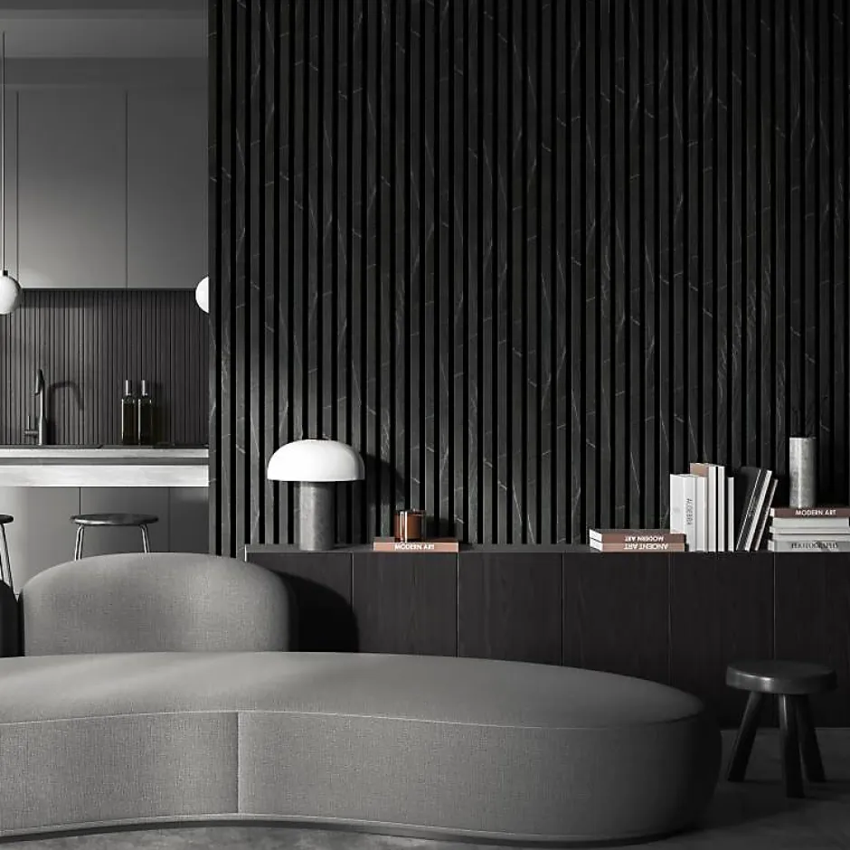 Decoon Mur TV - Lot de 5 Panneaux tasseaux bois 250 x 30 x 1,9 cm - décor marbre noir/feutrine noir - 3,75m²