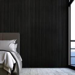Decoon Mur TV - Lot de 7 Panneaux tasseaux bois 250 x 30 x 1,9 cm - Lamelles placage noir fond noir - 5,25m²