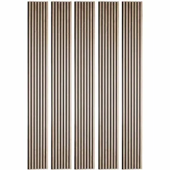 Decoon Pack Acoustic Mur TV tasseaux bois - Lot de 5 panneaux 250x30x1,9 cm - Lamelles chêne clair véritable fond noir - 3,75m²