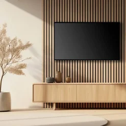 Decoon Pack Acoustic Mur TV tasseaux bois - Lot de 5 panneaux 250x30x1,9 cm - Lamelles chêne clair véritable fond noir - 3,75m²