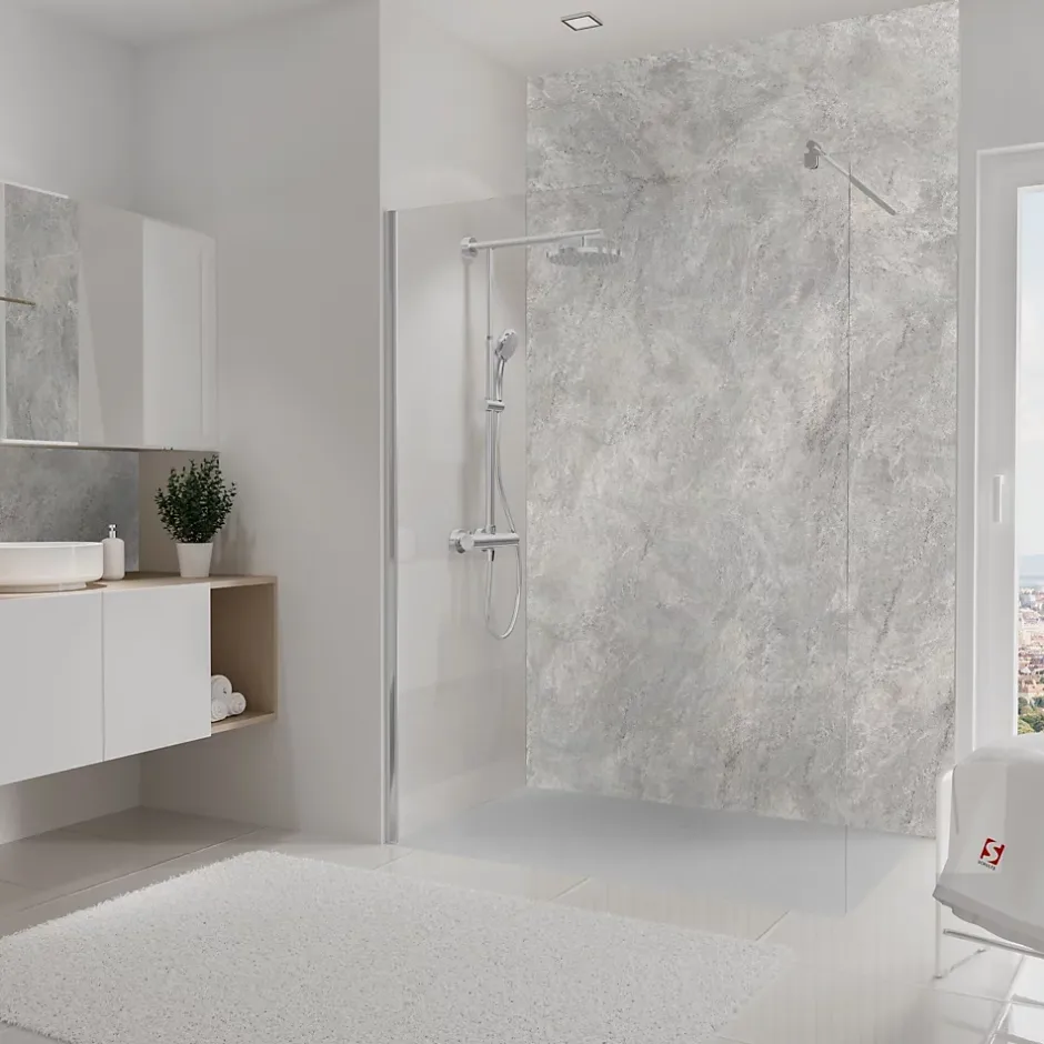 Pack de 2 panneaux muraux de salle de bains l.100 x H.210 cm, effet pierre gris et argenté , DécoDesign Softtouch-Schulte Outlet