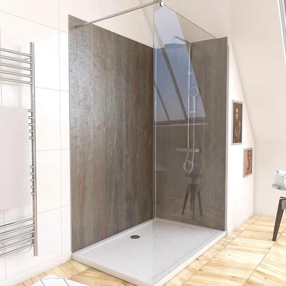 Galedo Pack de 2 panneaux muraux de salle de bains, marron effet bois avec profilés chromés, l.120+90 x H.210 x P.0,3 cm, Homestone