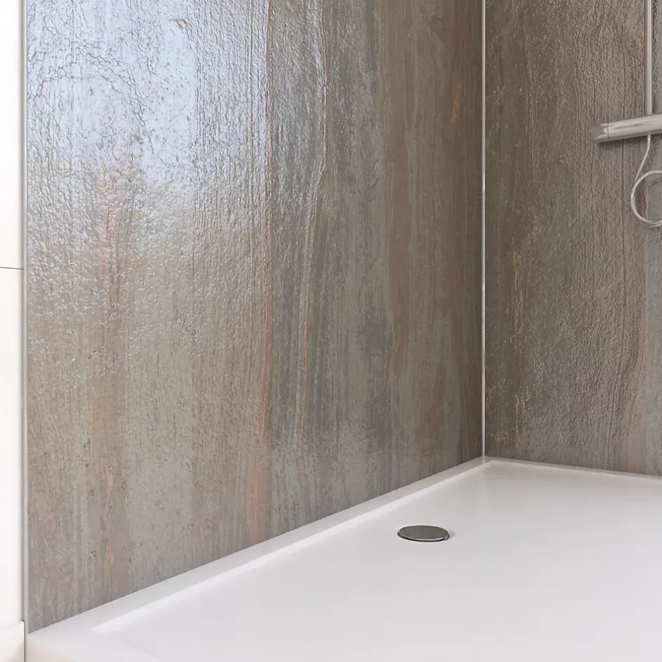 Galedo Pack de 2 panneaux muraux de salle de bains, marron effet bois avec profilés chromés, l.120+90 x H.210 x P.0,3 cm, Homestone