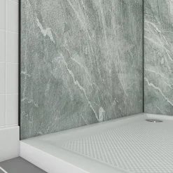 Pack de 2 panneaux muraux de salle de bains, vert effet pierre avec profilés noirs, l.90+90 x H.210 x P.0,3 cm, Homestone-Galedo Outlet