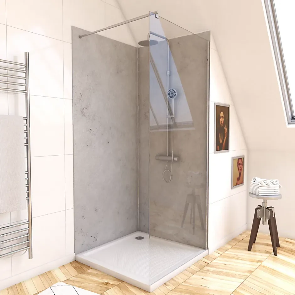 Pack de 2 panneaux muraux de salle de bains, gris effet pierre avec profilés chromés, l.90+90 x H.210 x P.0,3 cm, Homestone-Galedo Outlet