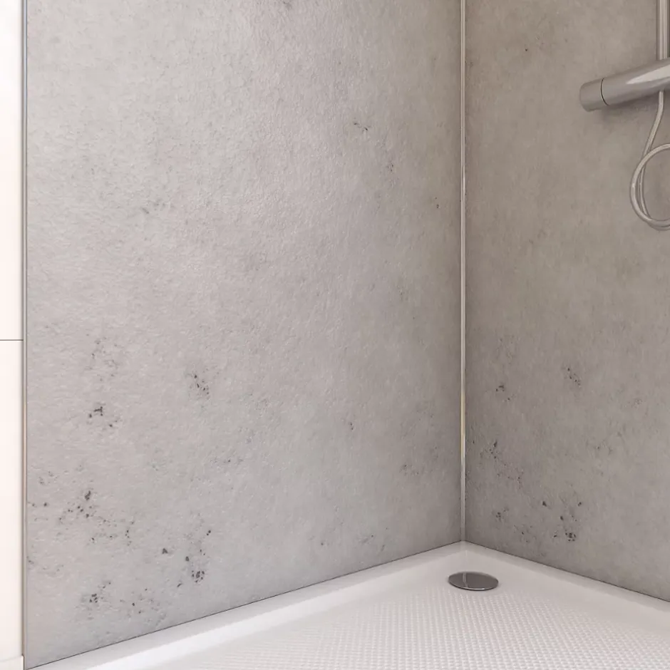 Pack de 2 panneaux muraux de salle de bains, gris effet pierre avec profilés chromés, l.90+90 x H.210 x P.0,3 cm, Homestone-Galedo Outlet