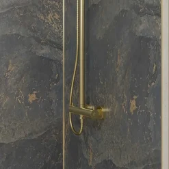 Pack de 2 panneaux muraux de salle de bains, gris et doré effet pierre avec profilés dorés, l.120+90 x H.210 x P.0,3 cm, Homestone-Galedo