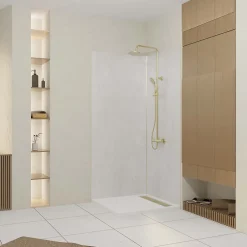 Galedo Pack de 2 panneaux muraux de salle de bains, blanc effet pierre avec profilés dorés, l.90+90 x H.210 x P.0,3 cm, Homestone