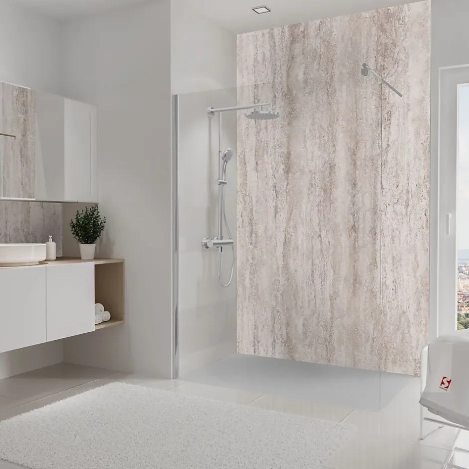 Pack de 2 panneaux muraux de salle de bains l.100 x H.255 cm, effet travertin beige structuré , DécoDesign Softtouch-Schulte