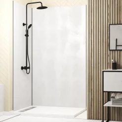 Galedo Pack de 2 panneaux muraux de salle de bains, blanc effet pierre avec profilés noirs, l.120+90 x H.210 x P.0,3 cm, Homestone