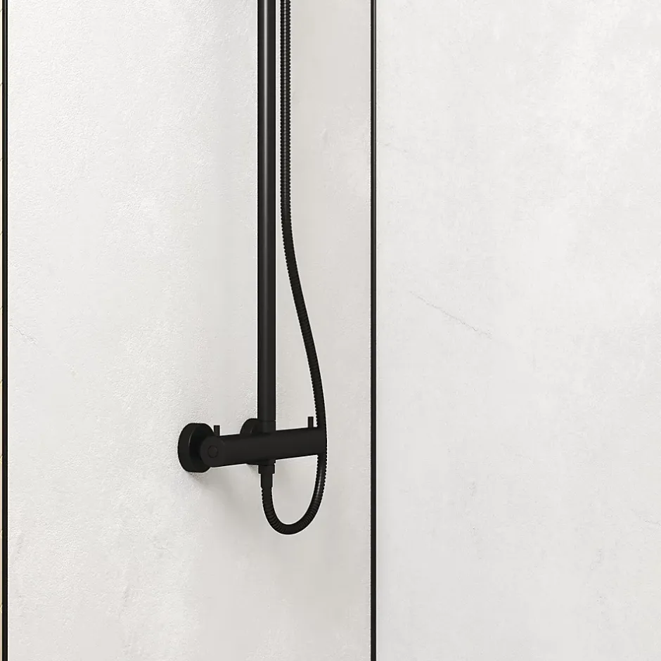 Galedo Pack de 2 panneaux muraux de salle de bains, blanc effet pierre avec profilés noirs, l.120+90 x H.210 x P.0,3 cm, Homestone