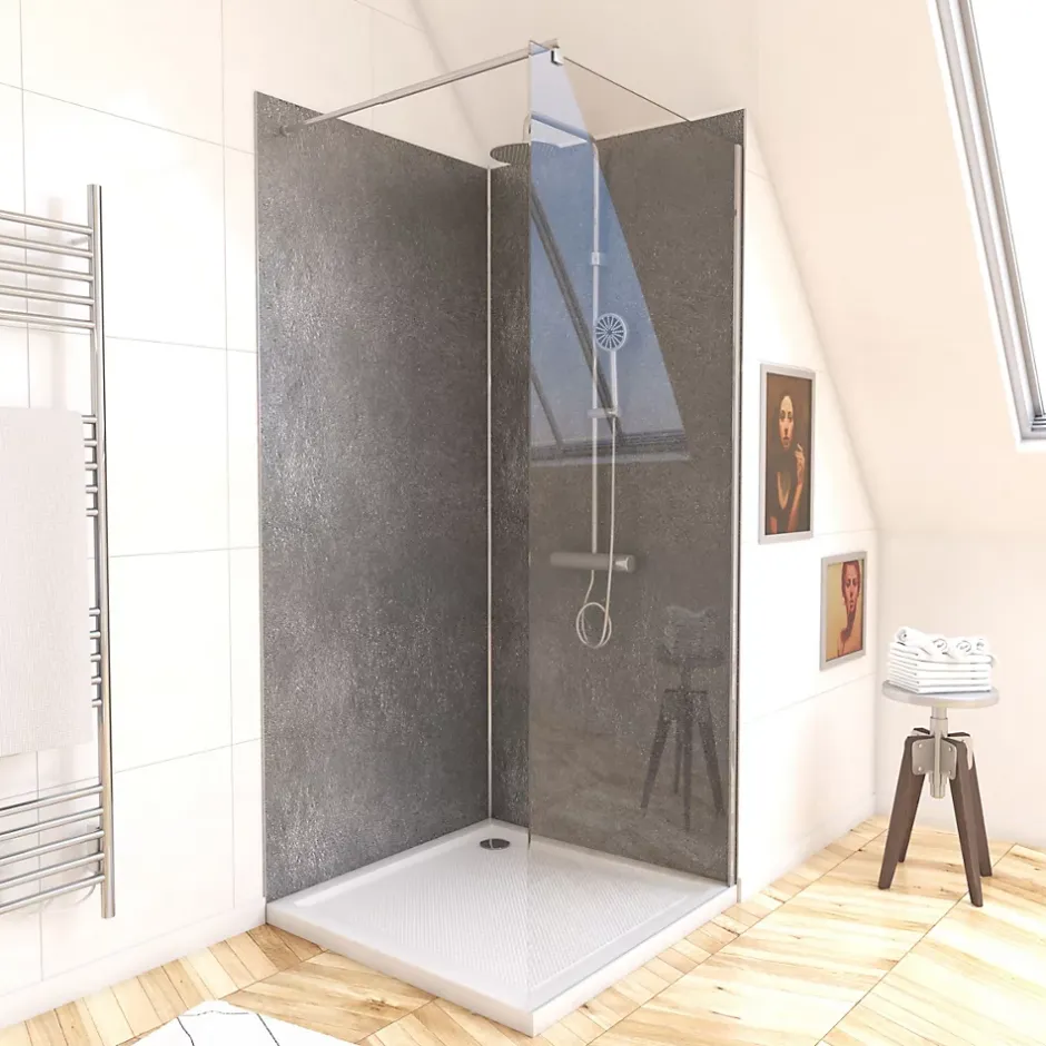 Galedo Pack de 2 panneaux muraux de salle de bains, gris foncé effet pierre avec profilés chromés, l.90+90 x H.210 x P.0,3 cm, Homestone