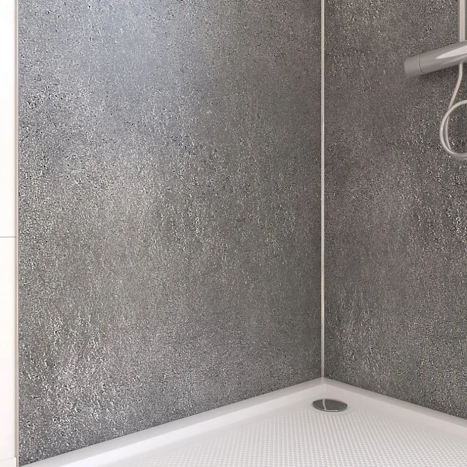 Galedo Pack de 2 panneaux muraux de salle de bains, gris foncé effet pierre avec profilés chromés, l.90+90 x H.210 x P.0,3 cm, Homestone